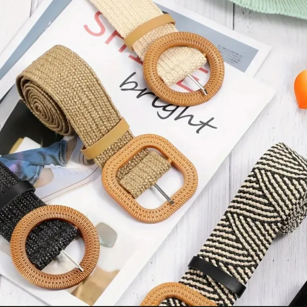 2Pcs Buckle Braided Straw Belts
